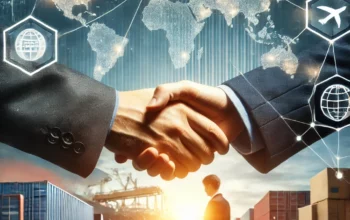 DALL·E 2025-01-29 14.57.22 - A professional business-themed image illustrating global trade connections. A handshake between a manufacturer and a supplier, with a world map and ca