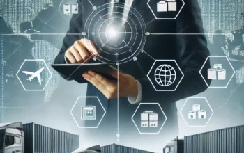 DALL·E 2025-01-29 14.58.13 - A business-themed image depicting simplified supply chains. A logistics professional overseeing shipments with a digital tablet, cargo containers, and